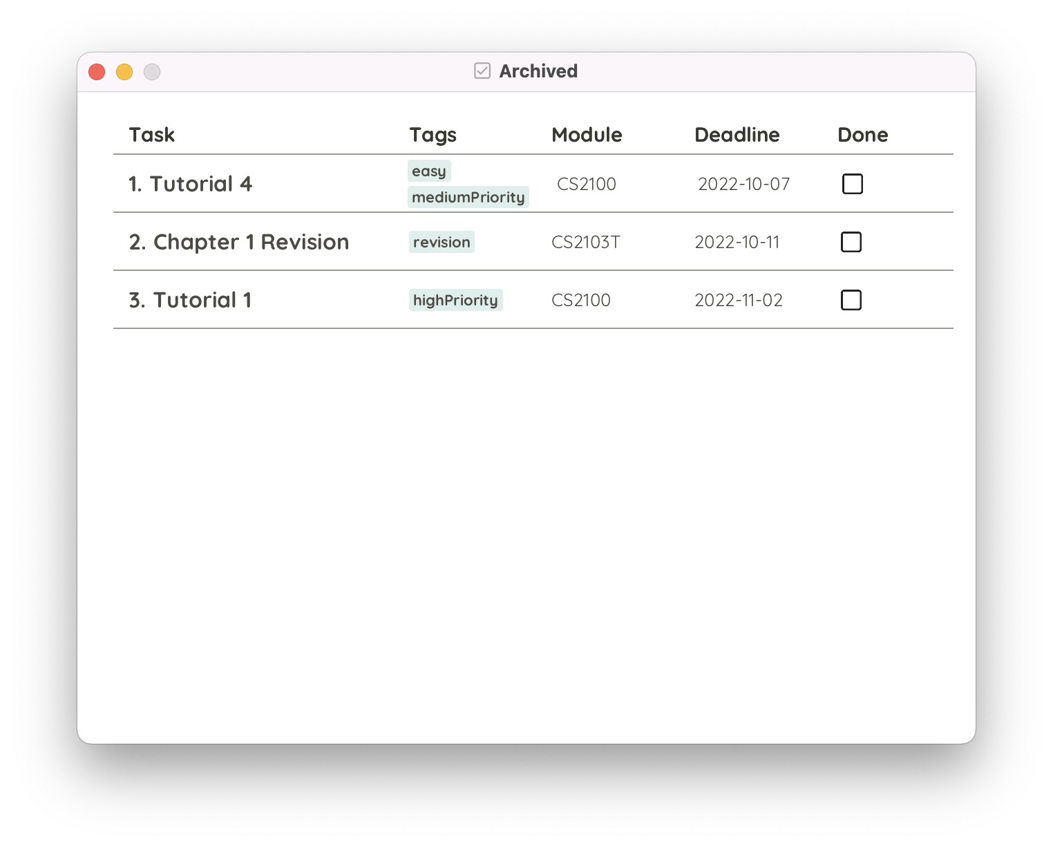 Screenshot of Archived Window