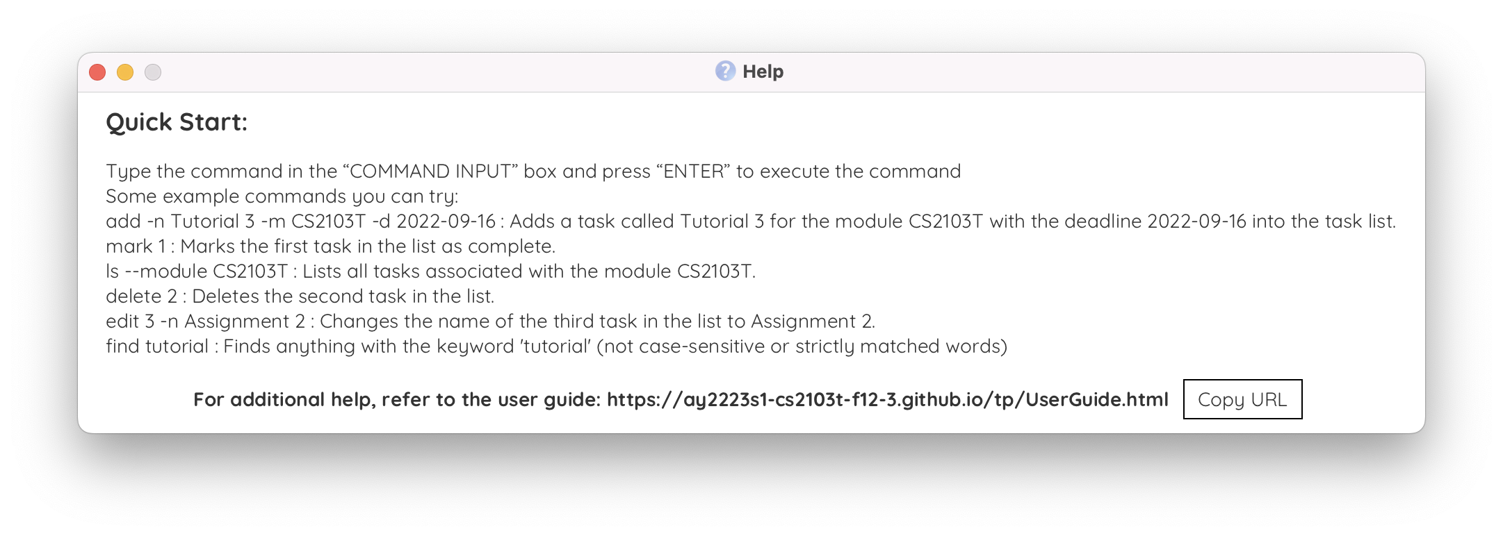 Screenshot of Help Window